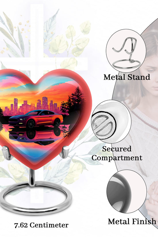 Bright Blue Car Cremation Urn front view showing detailed design - compassionate heart-car combination with gentle curves - mini keepsake memorial for portion of cremation ashes