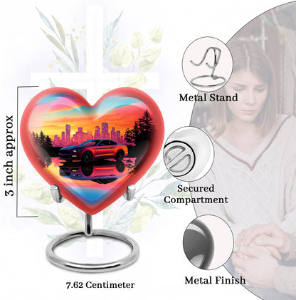 Bright Blue Car Cremation Urn front view showing detailed design - compassionate heart-car combination with gentle curves - mini keepsake memorial for portion of cremation ashes