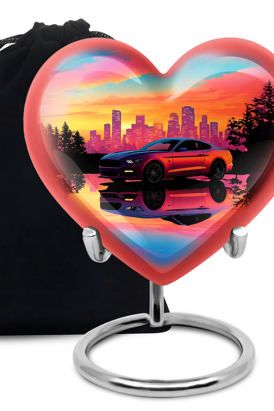 Pastel Blue Car Cremation Urn detail view - loving heart memorial featuring car pattern - full-size 10 inch 200 cubic inch adult cremation urn