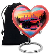 Pastel Blue Car Cremation Urn detail view - loving heart memorial featuring car pattern - full-size 10 inch 200 cubic inch adult cremation urn