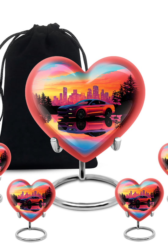 Pastel Blue Car Cremation Urn close-up of engraving and surface detail - heart-shaped car design symbolizing eternal love - memorial set with one large and four small urns