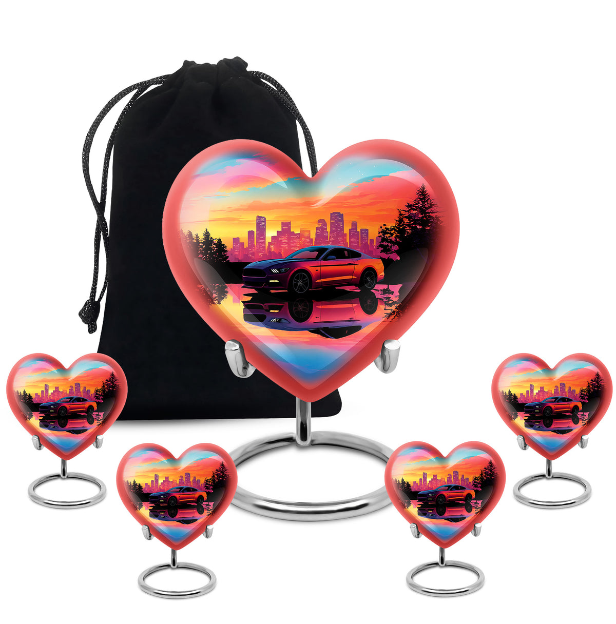 Pastel Blue Car Cremation Urn close-up of engraving and surface detail - heart-shaped car design symbolizing eternal love - memorial set with one large and four small urns