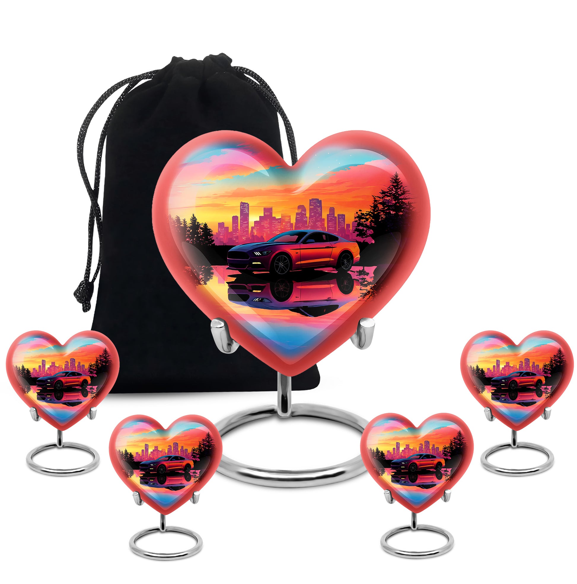 Pastel Blue Car Cremation Urn close-up of engraving and surface detail - heart-shaped car design symbolizing eternal love - memorial set with one large and four small urns
