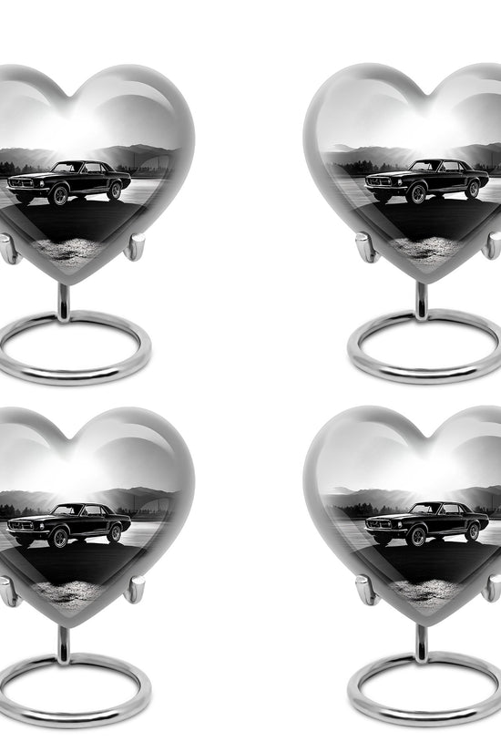 Slate Gray Car Cremation Urn angled view of lid and engraved motif - compassionate heart-car combination with gentle curves - 10 inch aluminum urn for cremated remains