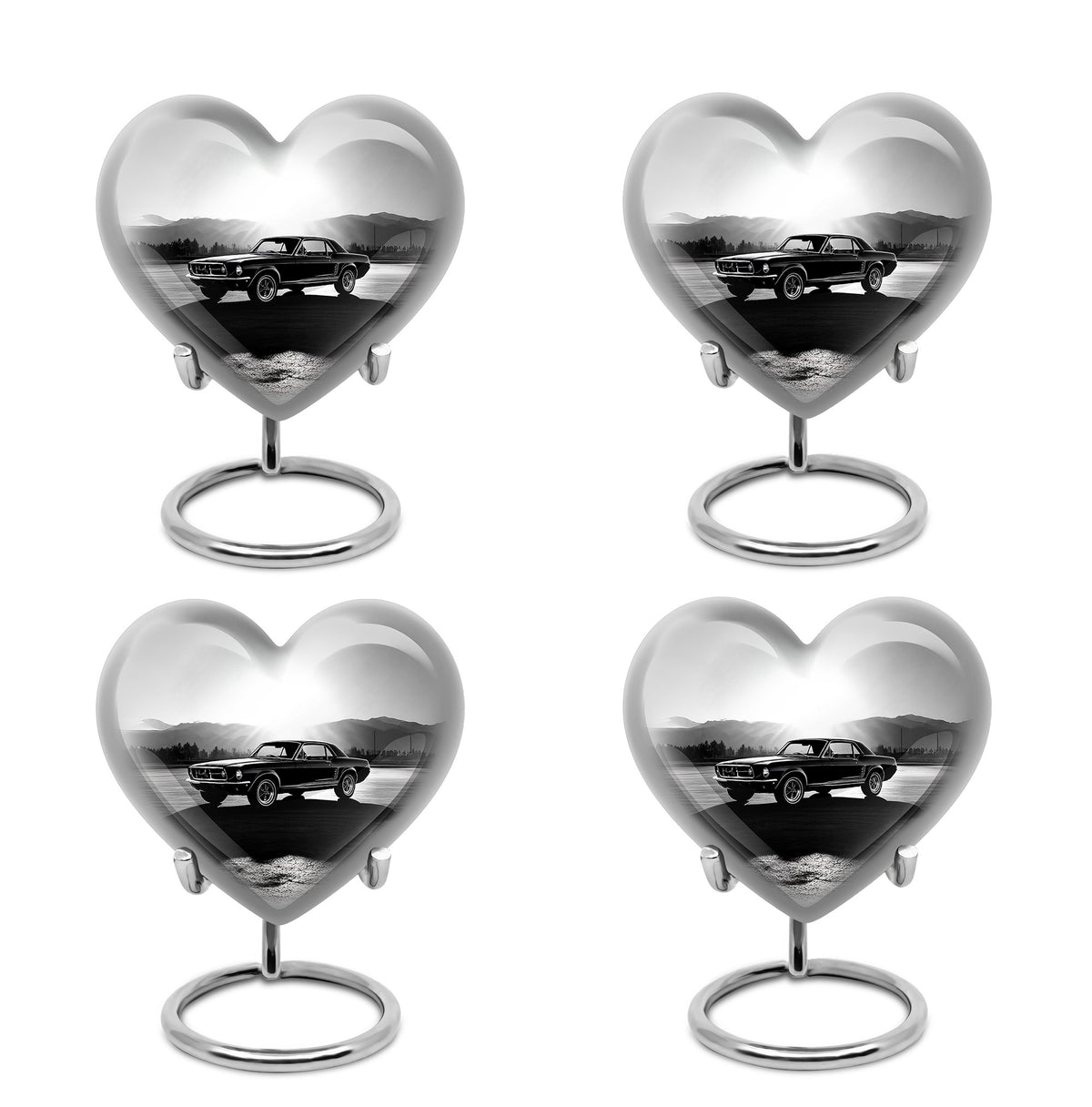 Slate Gray Car Cremation Urn angled view of lid and engraved motif - compassionate heart-car combination with gentle curves - 10 inch aluminum urn for cremated remains