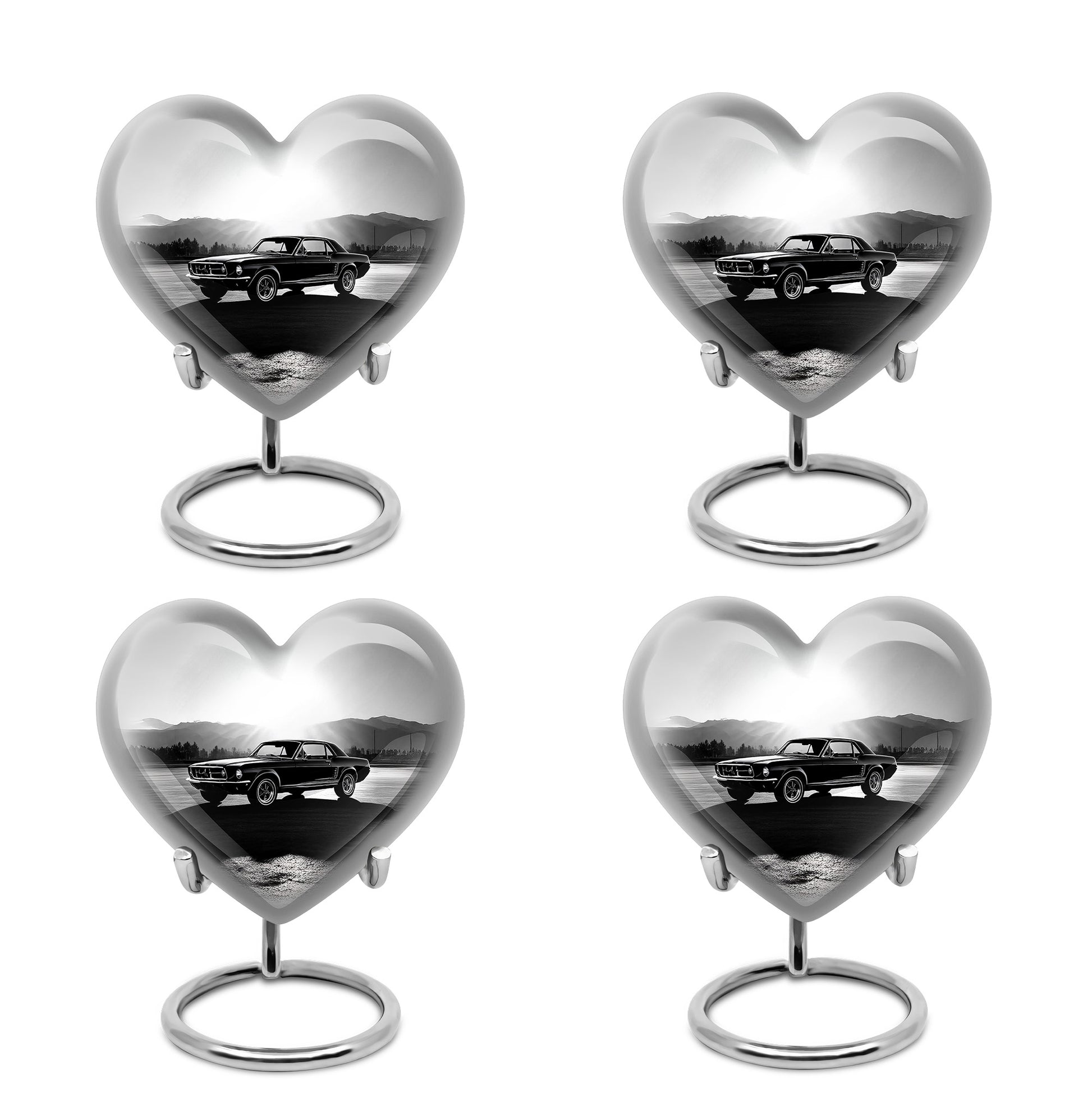 Slate Gray Car Cremation Urn angled view of lid and engraved motif - compassionate heart-car combination with gentle curves - 10 inch aluminum urn for cremated remains