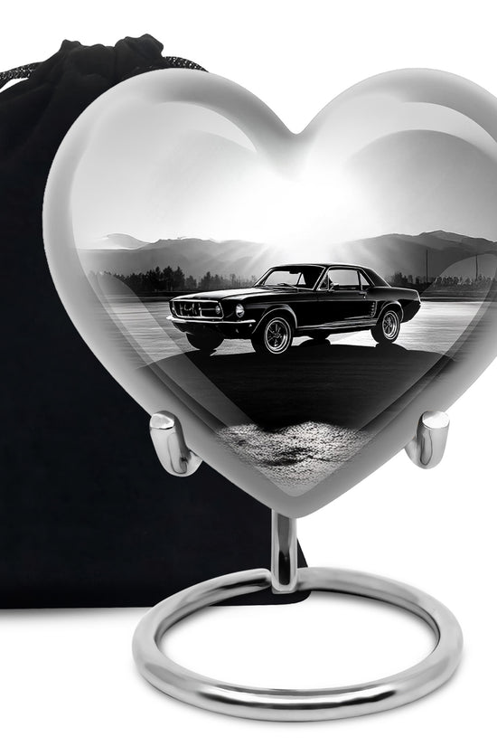 Silver Gray Car Cremation Urn detail view - loving heart memorial featuring car pattern - full-size 10 inch 200 cubic inch adult cremation urn