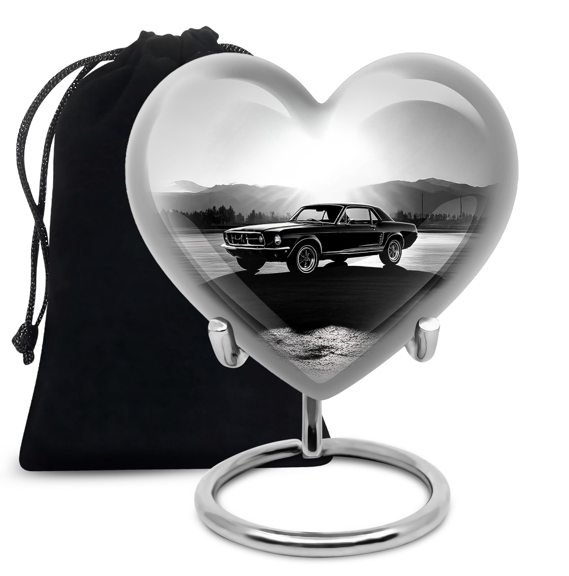 Silver Gray Car Cremation Urn detail view - loving heart memorial featuring car pattern - full-size 10 inch 200 cubic inch adult cremation urn