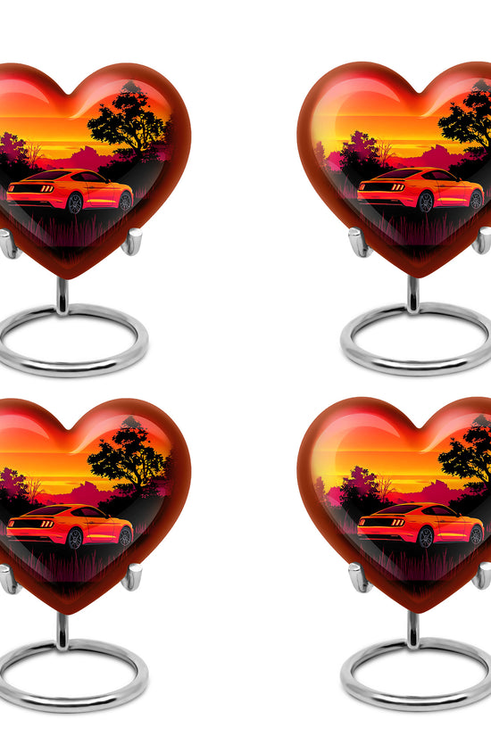Cherry Red Car Cremation Urn angled view of lid and engraved motif - compassionate heart-car combination with gentle curves - 10 inch aluminum urn for cremated remains