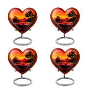Cherry Red Car Cremation Urn angled view of lid and engraved motif - compassionate heart-car combination with gentle curves - 10 inch aluminum urn for cremated remains