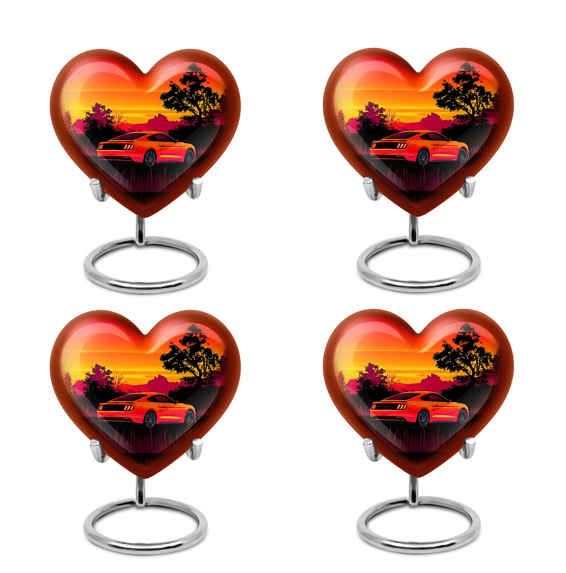 Cherry Red Car Cremation Urn angled view of lid and engraved motif - compassionate heart-car combination with gentle curves - 10 inch aluminum urn for cremated remains