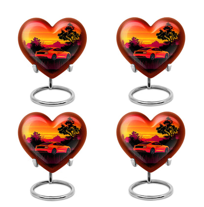 Cherry Red Car Cremation Urn angled view of lid and engraved motif - compassionate heart-car combination with gentle curves - 10 inch aluminum urn for cremated remains