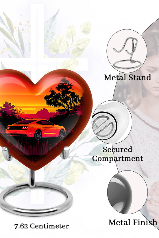 Deep Red Car Cremation Urn front view showing detailed design - heart-shaped car design symbolizing eternal love - mini keepsake memorial for portion of cremation ashes