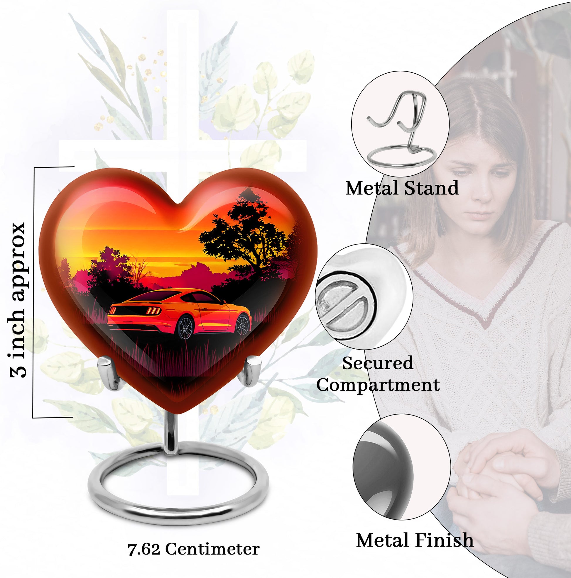 Deep Red Car Cremation Urn front view showing detailed design - heart-shaped car design symbolizing eternal love - mini keepsake memorial for portion of cremation ashes