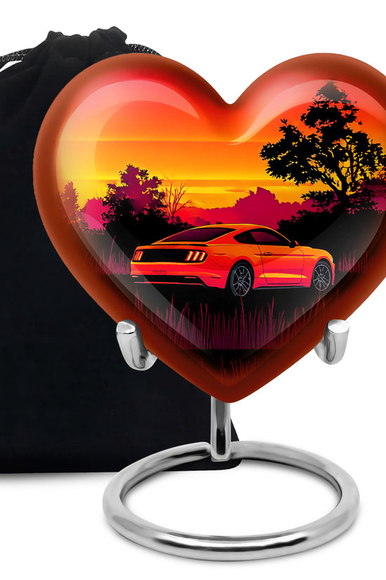 Rich Red Car Cremation Urn detail view - romantic heart urn with car motif on aluminum - full-size 10 inch 200 cubic inch adult cremation urn
