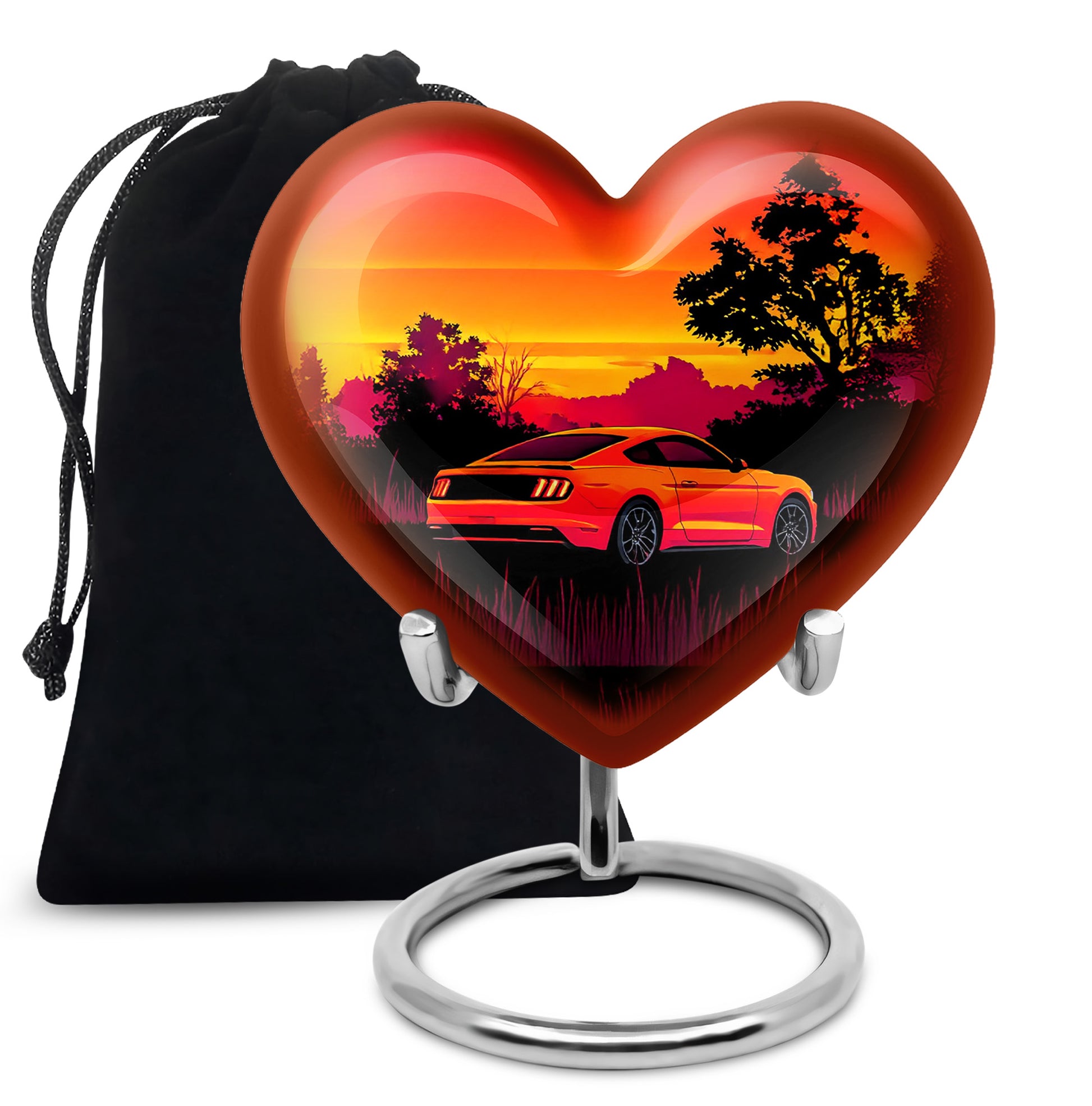 Rich Red Car Cremation Urn detail view - romantic heart urn with car motif on aluminum - full-size 10 inch 200 cubic inch adult cremation urn