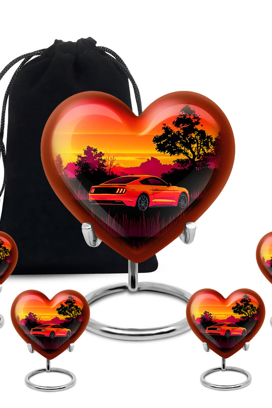 Burgundy Red Car Cremation Urn close-up of engraving and surface detail - heart-shaped car design symbolizing eternal love - memorial set with one large and four small urns