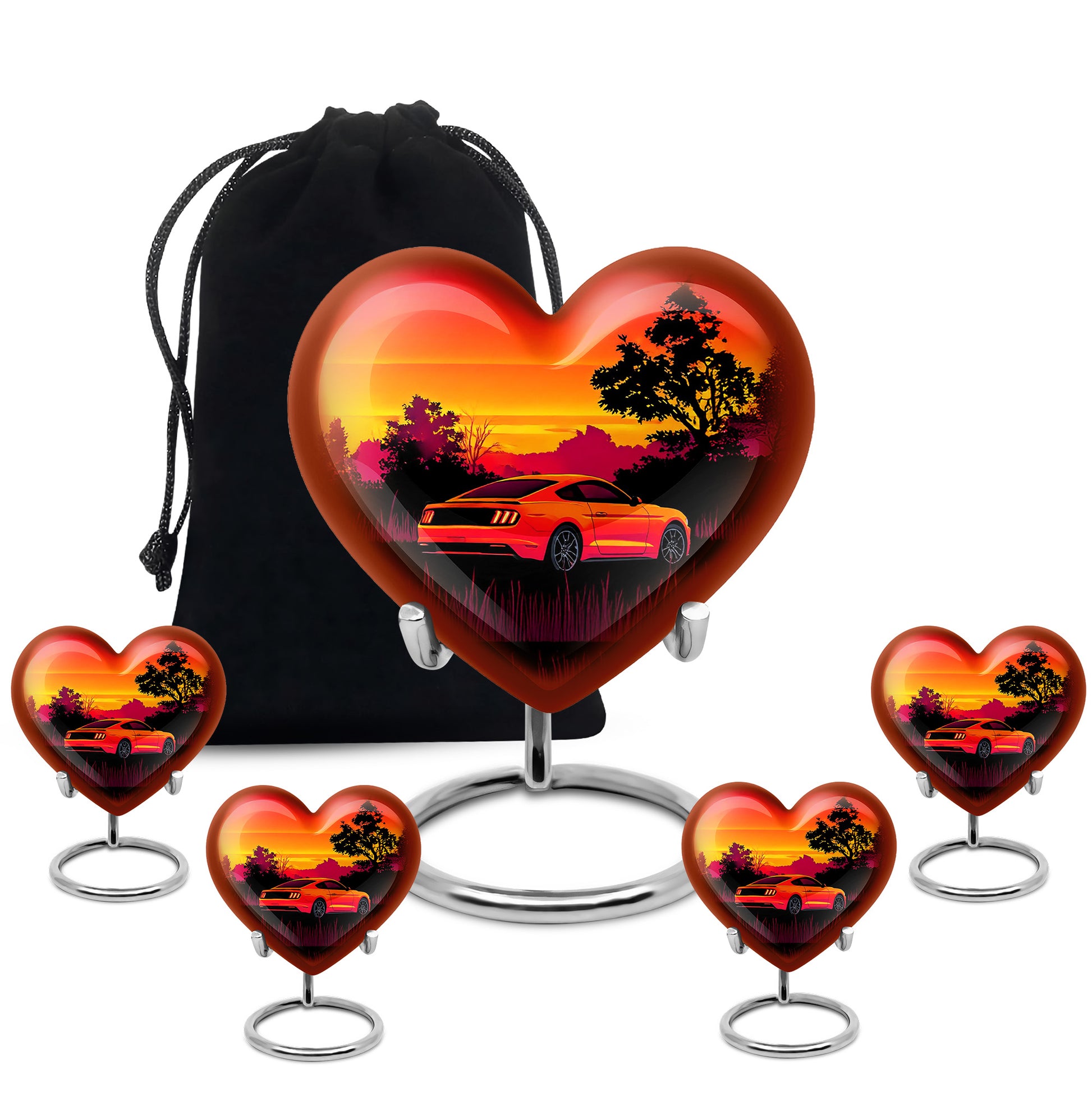 Burgundy Red Car Cremation Urn close-up of engraving and surface detail - heart-shaped car design symbolizing eternal love - memorial set with one large and four small urns