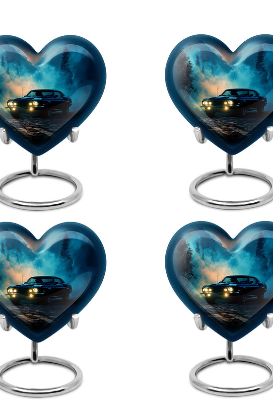 Misty Blue Car Cremation Urn angled view of lid and engraved motif - loving heart memorial featuring car pattern - 10 inch aluminum urn for cremated remains