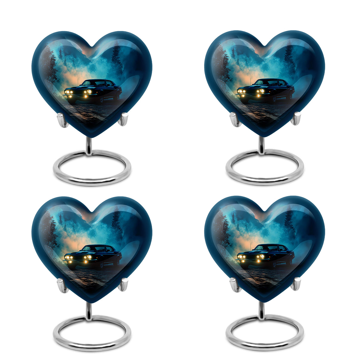 Misty Blue Car Cremation Urn angled view of lid and engraved motif - loving heart memorial featuring car pattern - 10 inch aluminum urn for cremated remains