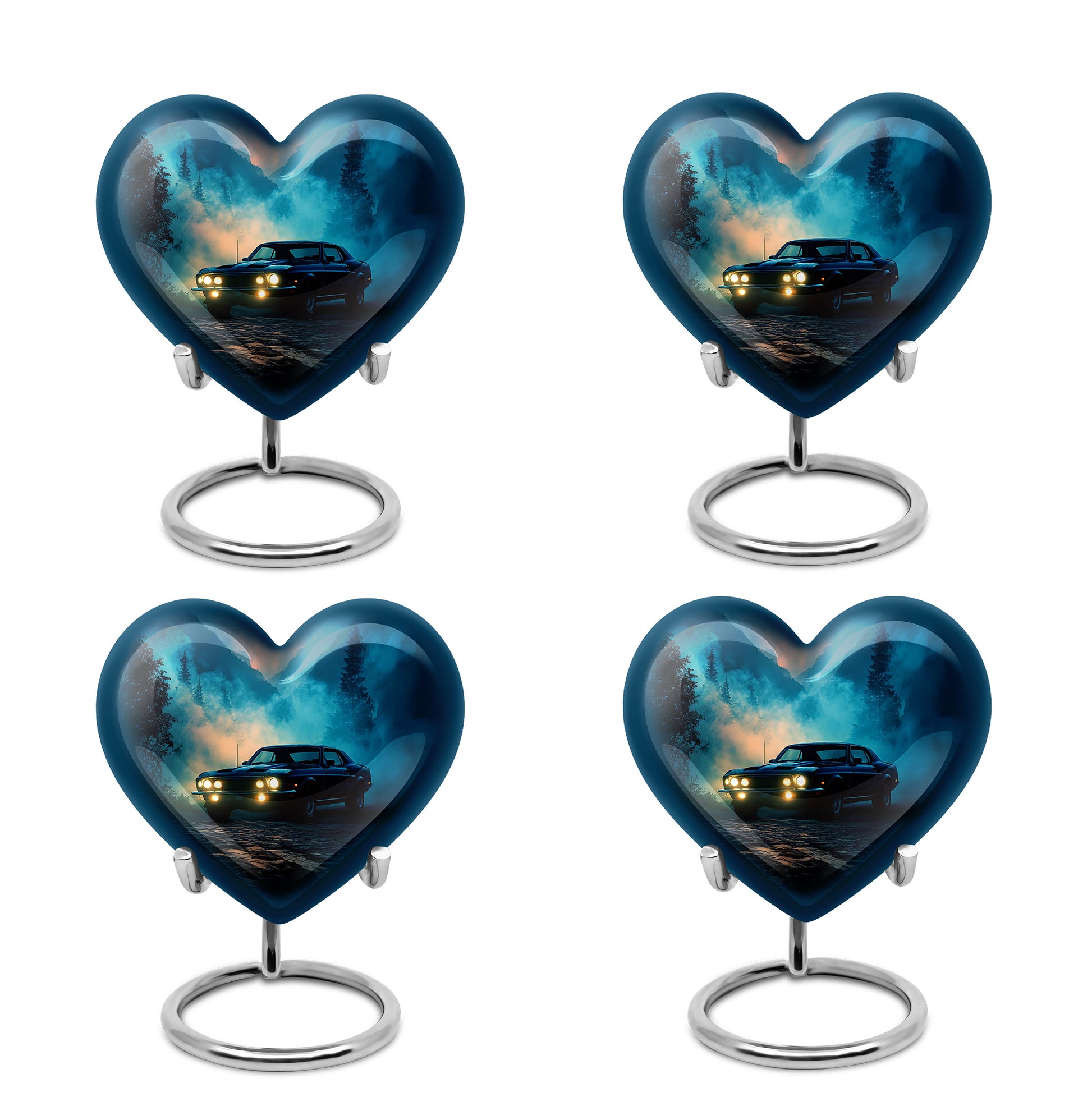 Misty Blue Car Cremation Urn angled view of lid and engraved motif - loving heart memorial featuring car pattern - 10 inch aluminum urn for cremated remains