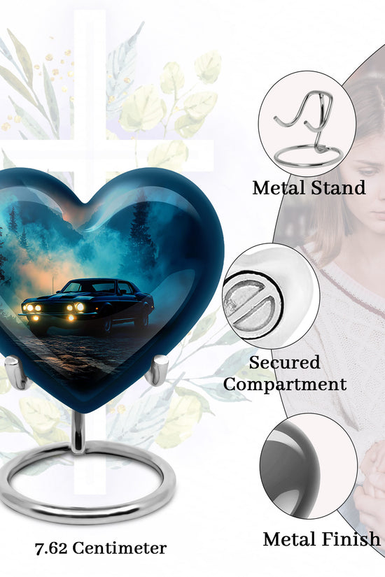 Calming Blue Car Cremation Urn front view showing detailed design - romantic heart urn with car motif on aluminum - mini keepsake memorial for portion of cremation ashes