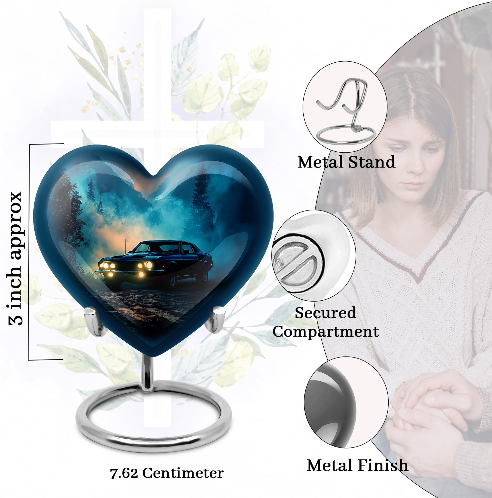 Calming Blue Car Cremation Urn front view showing detailed design - romantic heart urn with car motif on aluminum - mini keepsake memorial for portion of cremation ashes