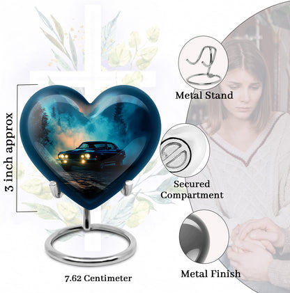 Calming Blue Car Cremation Urn front view showing detailed design - romantic heart urn with car motif on aluminum - mini keepsake memorial for portion of cremation ashes