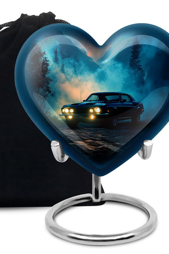 Cobalt Blue Car Cremation Urn detail view - compassionate heart-car combination with gentle curves - full-size 10 inch 200 cubic inch adult cremation urn