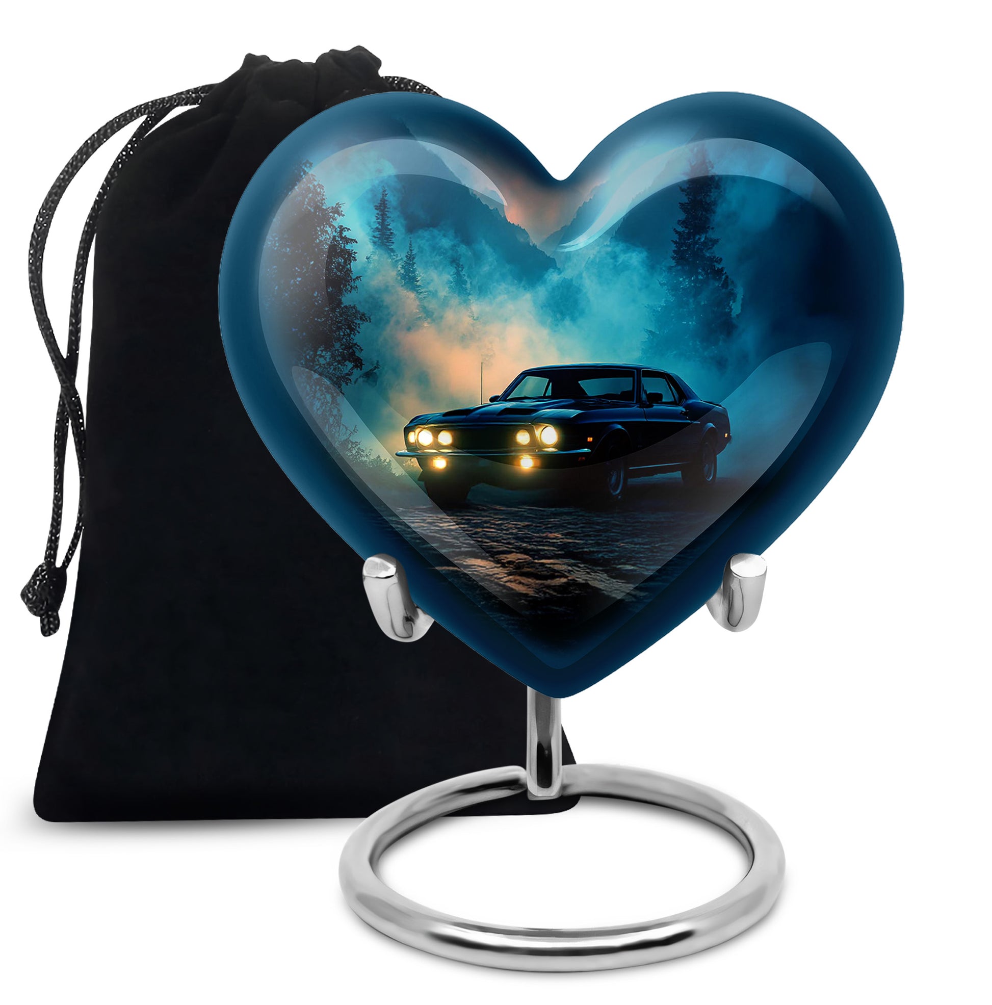 Cobalt Blue Car Cremation Urn detail view - compassionate heart-car combination with gentle curves - full-size 10 inch 200 cubic inch adult cremation urn