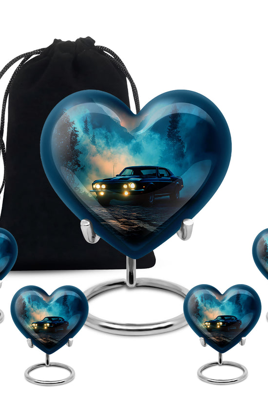 Sapphire Blue Car Cremation Urn close-up of engraving and surface detail - romantic heart urn with car motif on aluminum - memorial set with one large and four small urns