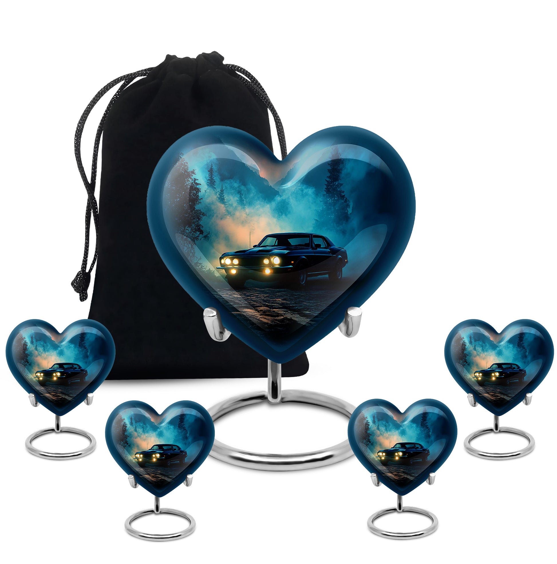 Sapphire Blue Car Cremation Urn close-up of engraving and surface detail - romantic heart urn with car motif on aluminum - memorial set with one large and four small urns