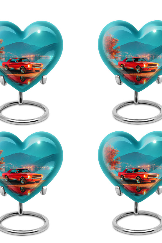 Deep Teal Car Cremation Urn angled view of lid and engraved motif - compassionate heart-car combination with gentle curves - 10 inch aluminum urn for cremated remains