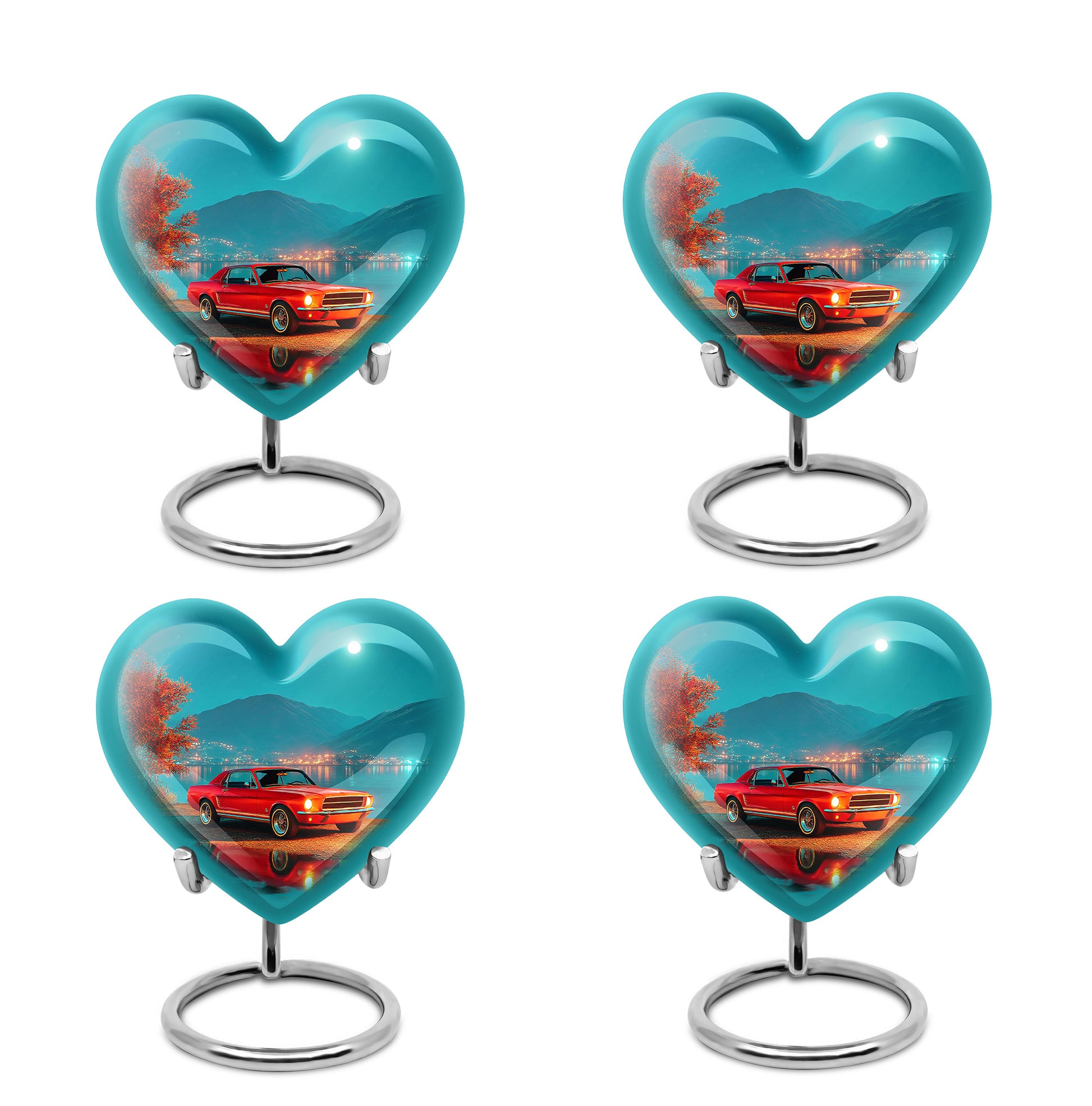 Deep Teal Car Cremation Urn angled view of lid and engraved motif - compassionate heart-car combination with gentle curves - 10 inch aluminum urn for cremated remains