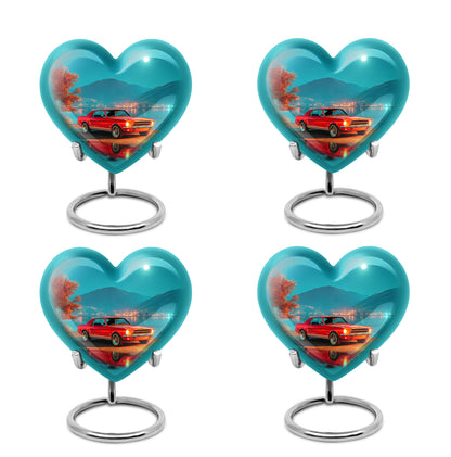Deep Teal Car Cremation Urn angled view of lid and engraved motif - compassionate heart-car combination with gentle curves - 10 inch aluminum urn for cremated remains