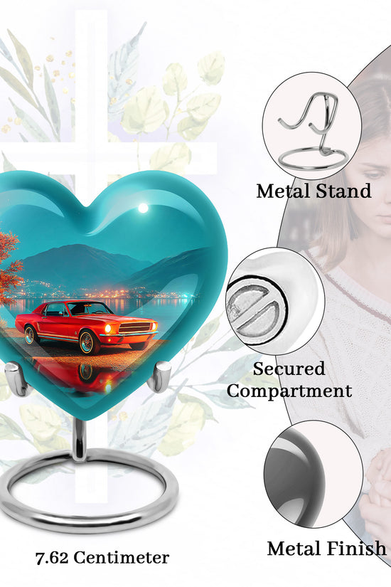 Tropical Teal Car Cremation Urn front view showing detailed design - romantic heart urn with car motif on aluminum - mini keepsake memorial for portion of cremation ashes