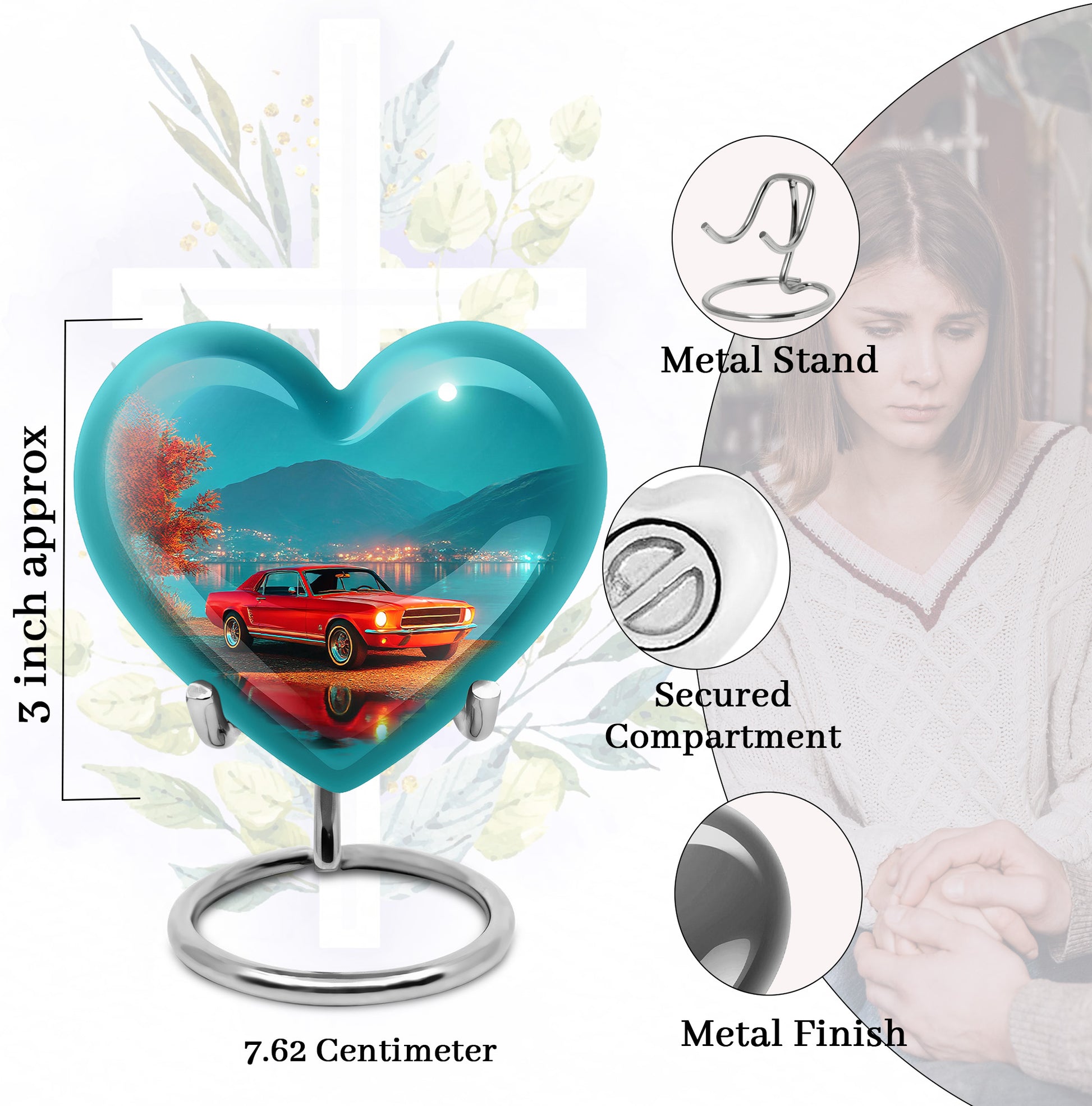 Tropical Teal Car Cremation Urn front view showing detailed design - romantic heart urn with car motif on aluminum - mini keepsake memorial for portion of cremation ashes