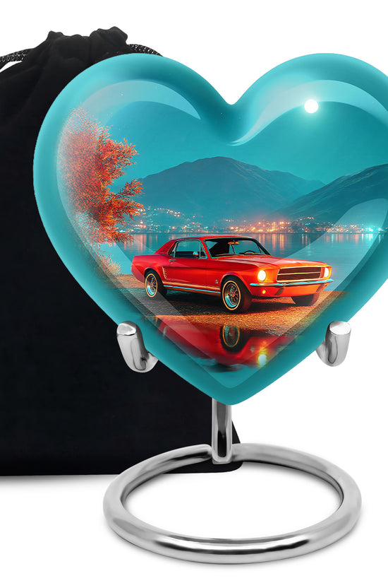 Cool Teal Car Cremation Urn detail view - heart-shaped car design symbolizing eternal love - full-size 10 inch 200 cubic inch adult cremation urn