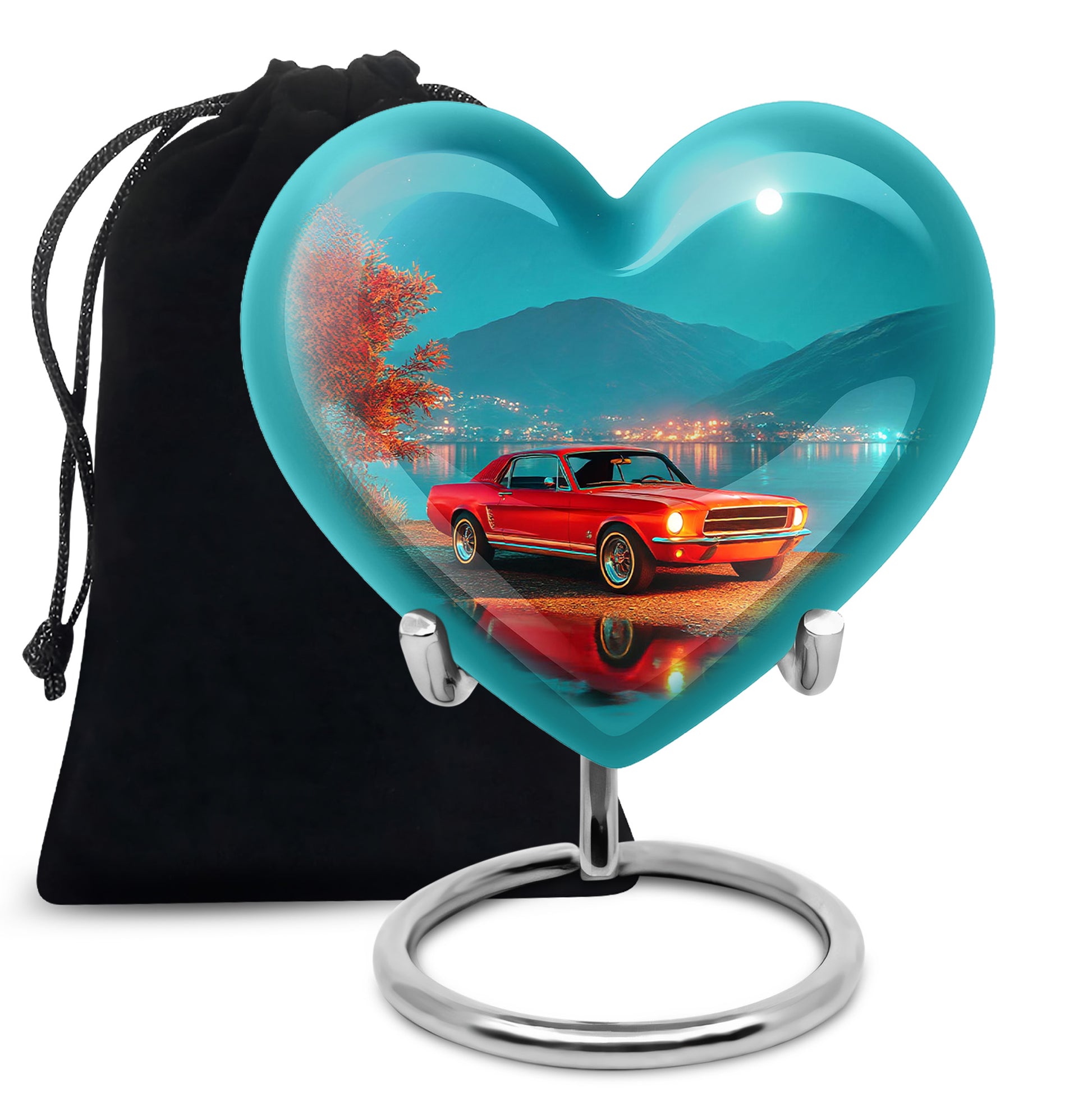 Cool Teal Car Cremation Urn detail view - heart-shaped car design symbolizing eternal love - full-size 10 inch 200 cubic inch adult cremation urn