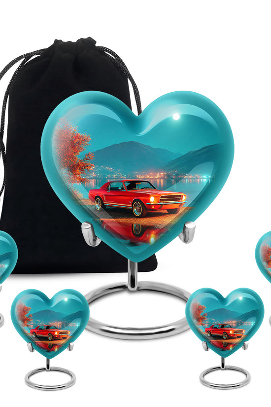 Jewel Teal Car Cremation Urn close-up of engraving and surface detail - heart-shaped car design symbolizing eternal love - memorial set with one large and four small urns