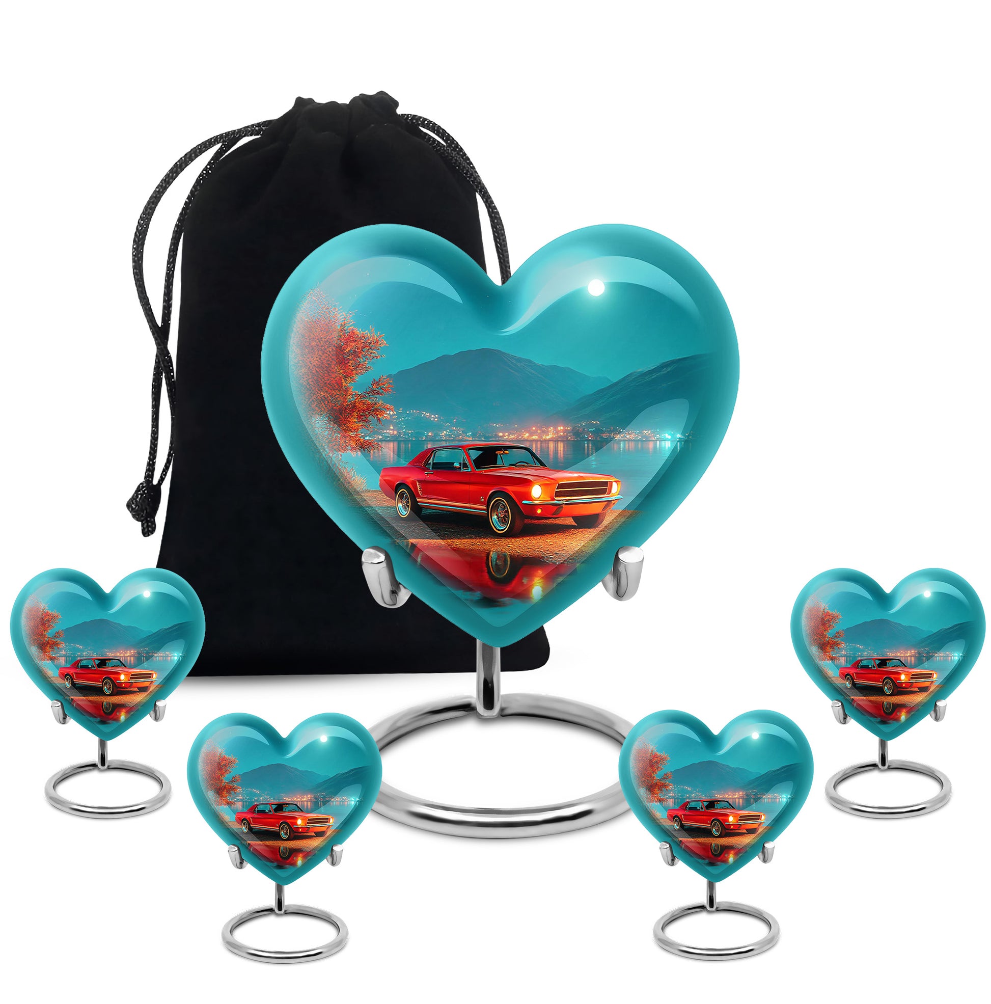 Jewel Teal Car Cremation Urn close-up of engraving and surface detail - heart-shaped car design symbolizing eternal love - memorial set with one large and four small urns