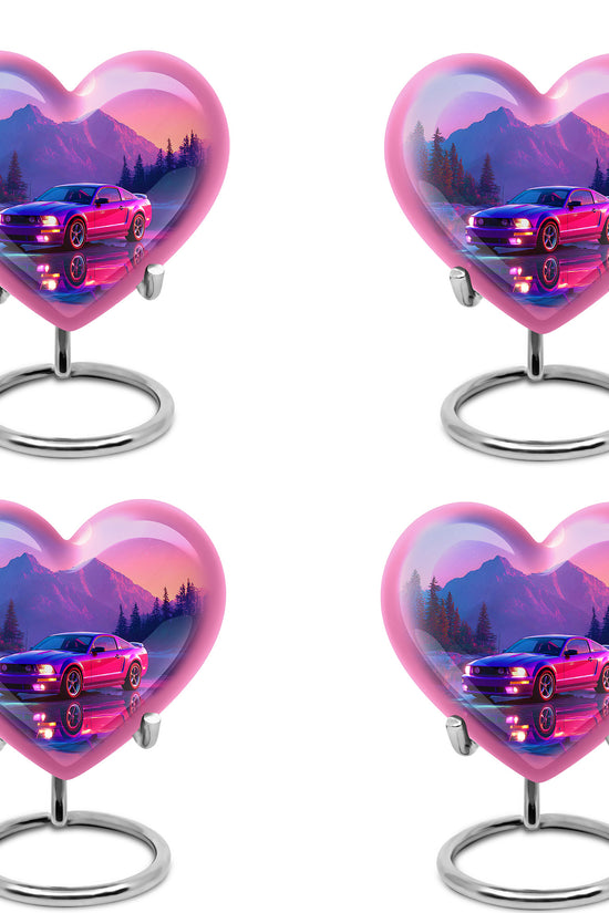 Steel Blue Car Cremation Urn angled view of lid and engraved motif - compassionate heart-car combination with gentle curves - 10 inch aluminum urn for cremated remains