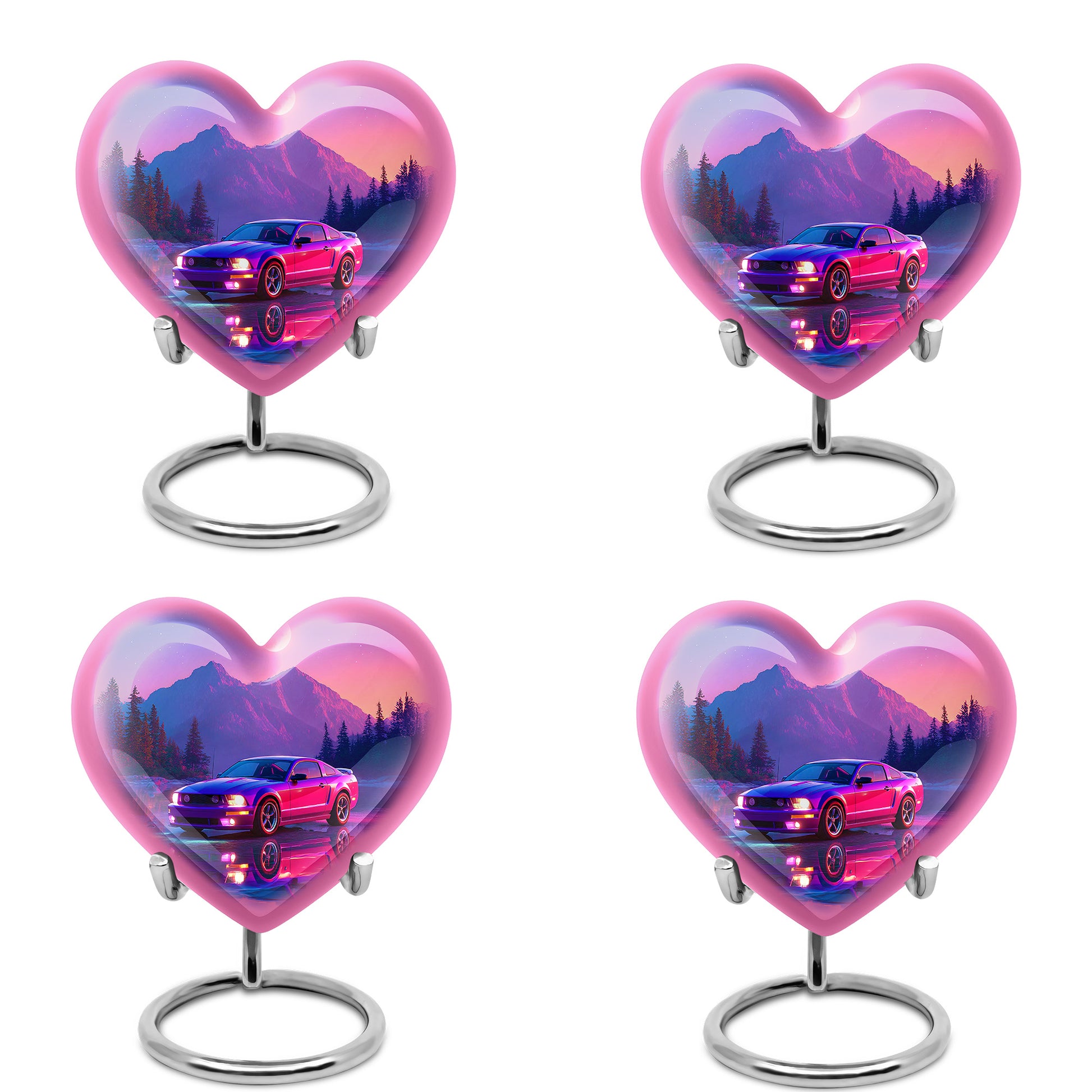 Steel Blue Car Cremation Urn angled view of lid and engraved motif - compassionate heart-car combination with gentle curves - 10 inch aluminum urn for cremated remains