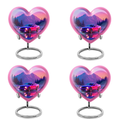 Steel Blue Car Cremation Urn angled view of lid and engraved motif - compassionate heart-car combination with gentle curves - 10 inch aluminum urn for cremated remains