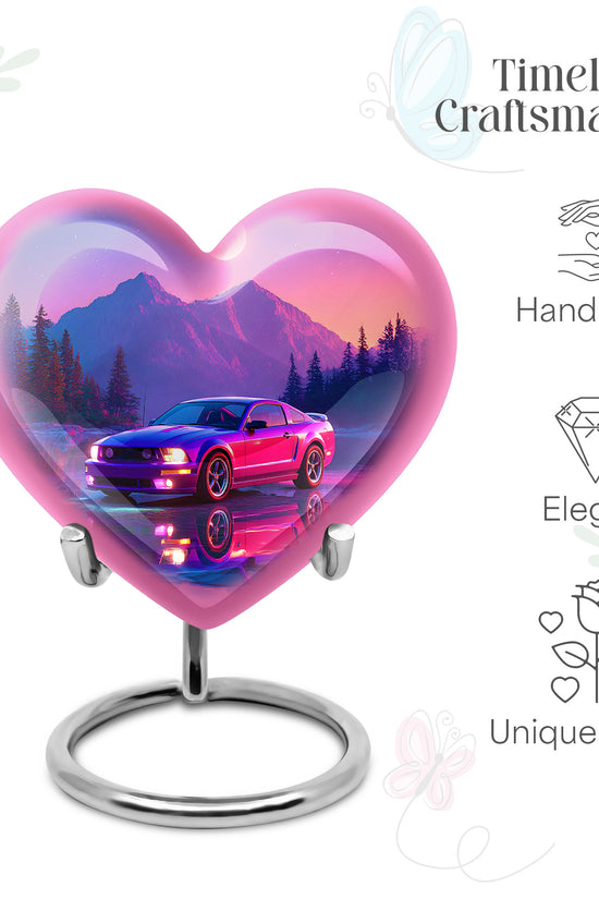 Icy Blue Car Cremation Urn front view showing detailed design - heart-shaped car design symbolizing eternal love - mini keepsake memorial for portion of cremation ashes