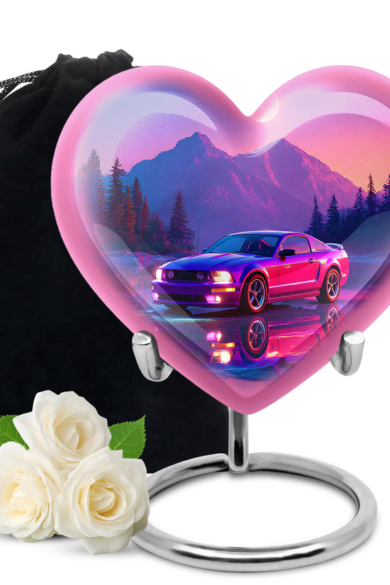 Navy Blue Car Cremation Urn detail view - loving heart memorial featuring car pattern - full-size 10 inch 200 cubic inch adult cremation urn