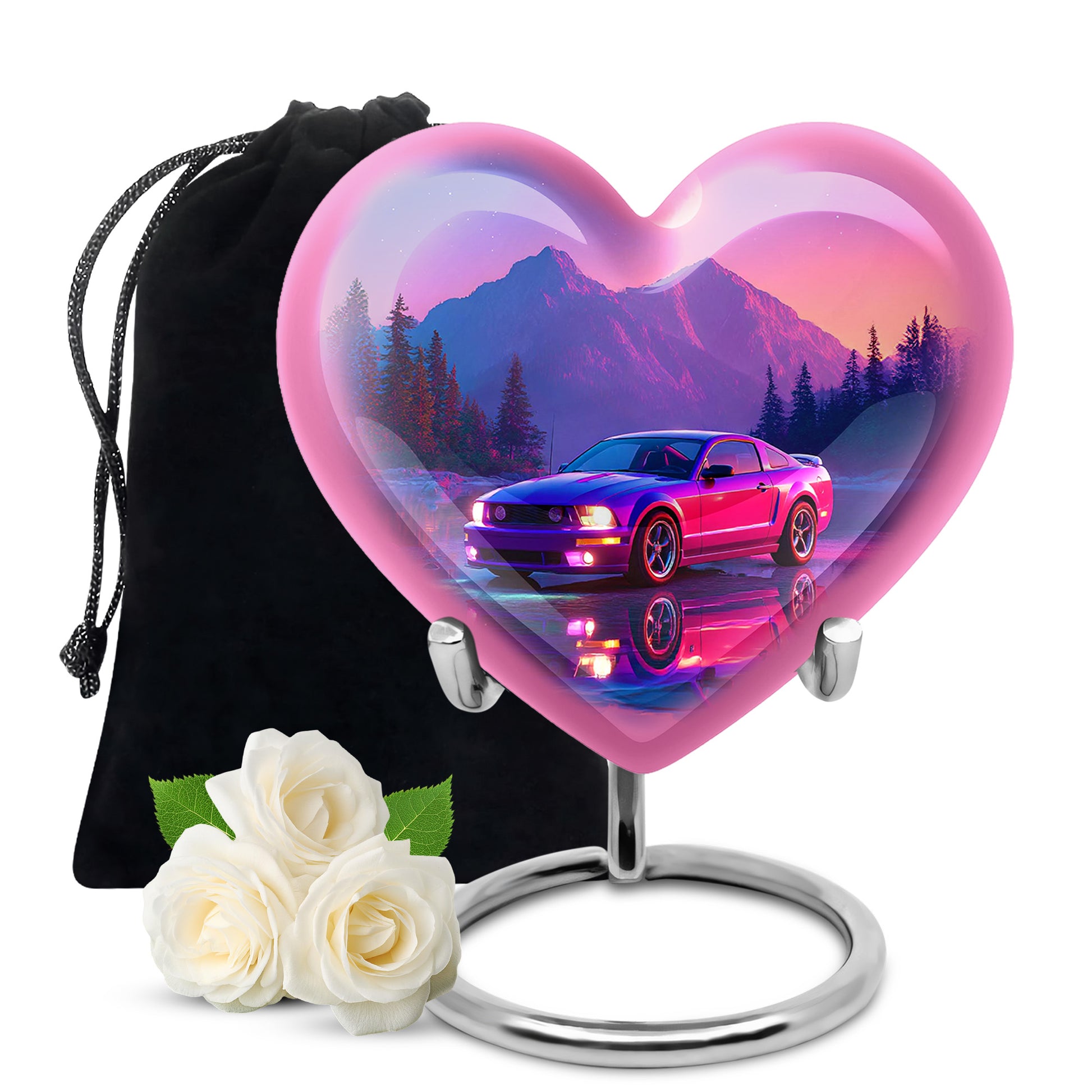 Navy Blue Car Cremation Urn detail view - loving heart memorial featuring car pattern - full-size 10 inch 200 cubic inch adult cremation urn