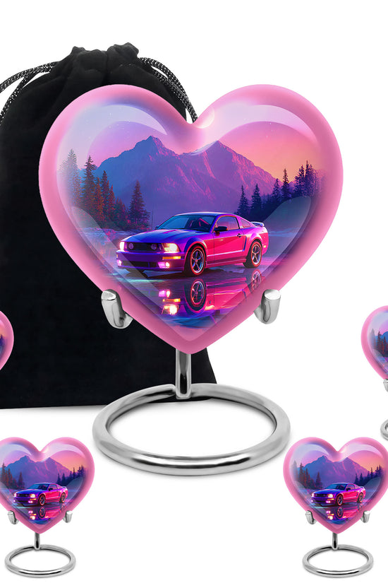 Cornflower Blue Car Cremation Urn close-up of engraving and surface detail - compassionate heart-car combination with gentle curves - memorial set with one large and four small urns