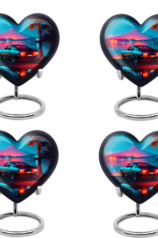 Twilight Blue Car Cremation Urn angled view of lid and engraved motif - compassionate heart-car combination with gentle curves - 10 inch aluminum urn for cremated remains
