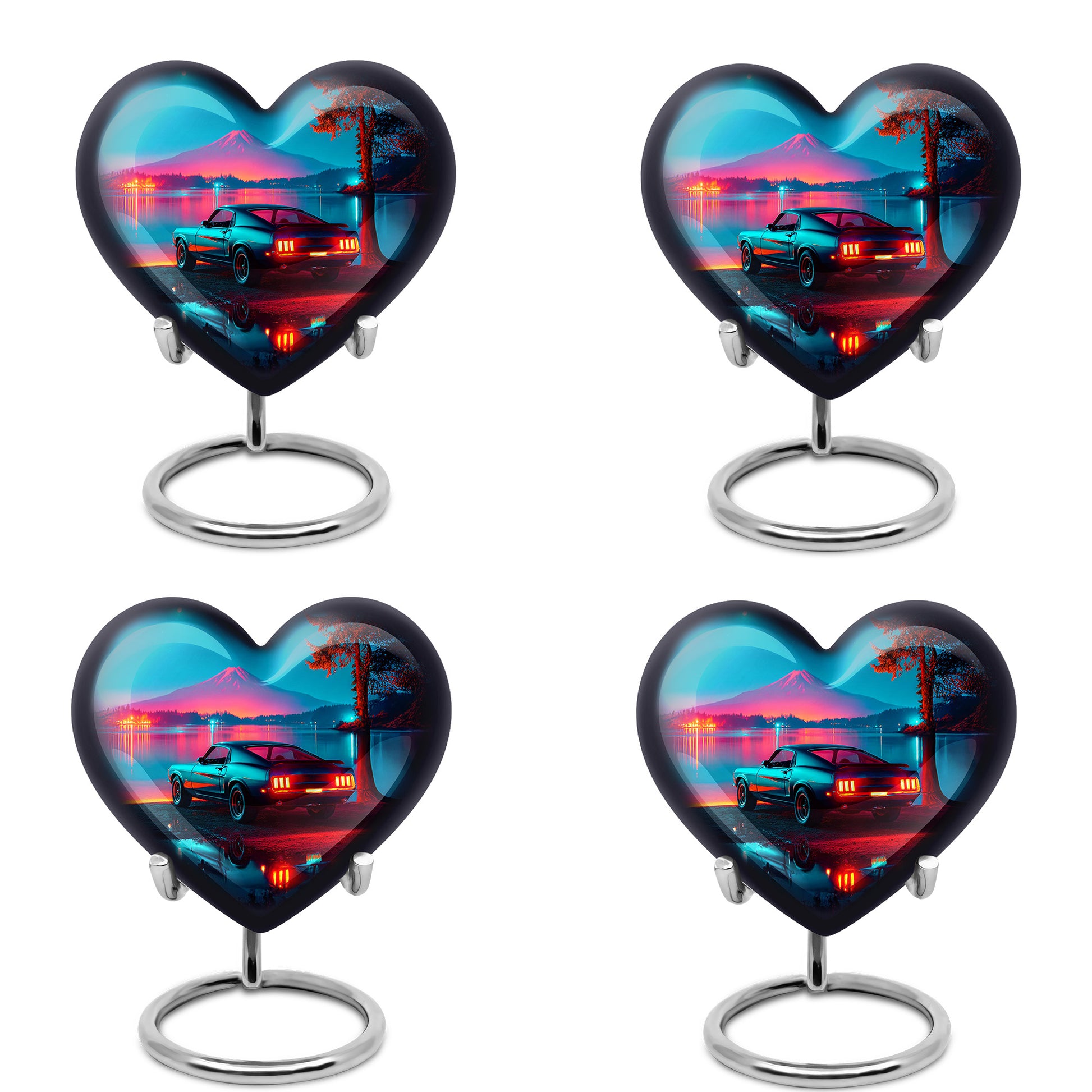 Twilight Blue Car Cremation Urn angled view of lid and engraved motif - compassionate heart-car combination with gentle curves - 10 inch aluminum urn for cremated remains